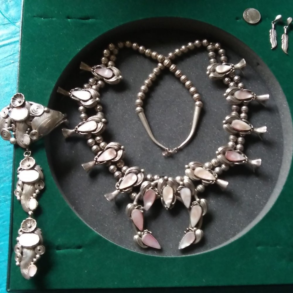 Vintage Navajo Sterling Pink Shell Squash Blossom Necklace Bundle